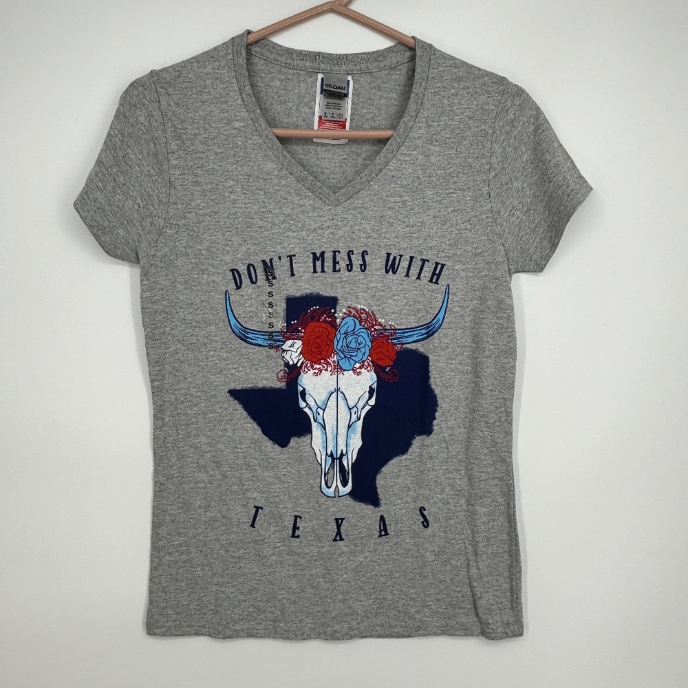 Gildan Womens Small Fitted Graphic T-Shirt Heather Gray Don't Mess with Texas
